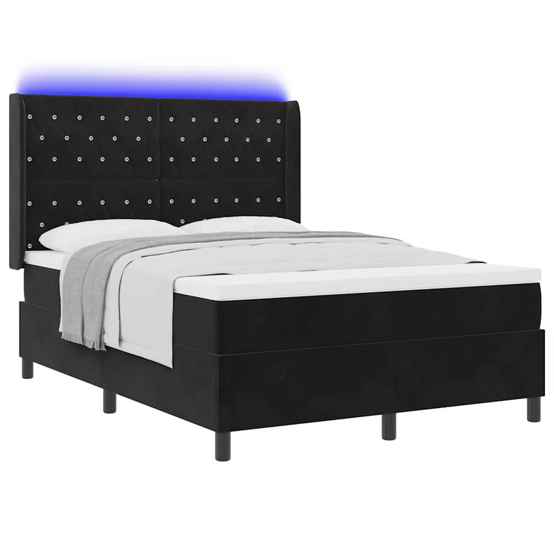 Pat cu arcuri cu benzi LED Negru 140 x 200 cm Catifea