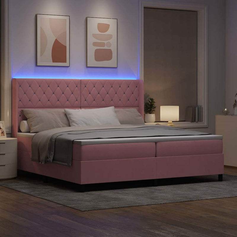 Pat cu arcuri cu saltea cu led Roz 200 x 200 cm Catifea