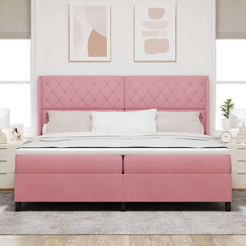 Pat cu arcuri cu saltea cu led Roz 200 x 200 cm Catifea