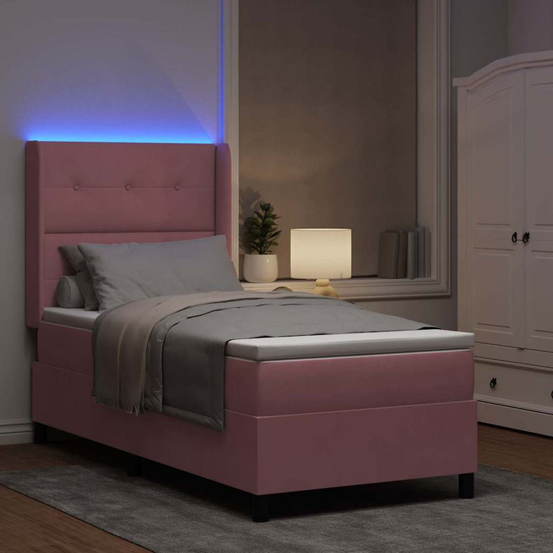 Pat cu arcuri cu benzi LED cu headboard Roz 90 x 200 cm Catifea