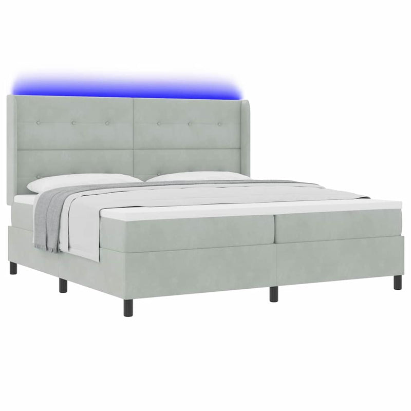 Pat cu arcuri cu benzi LED Gri deschis 200 x 200 cm Catifea