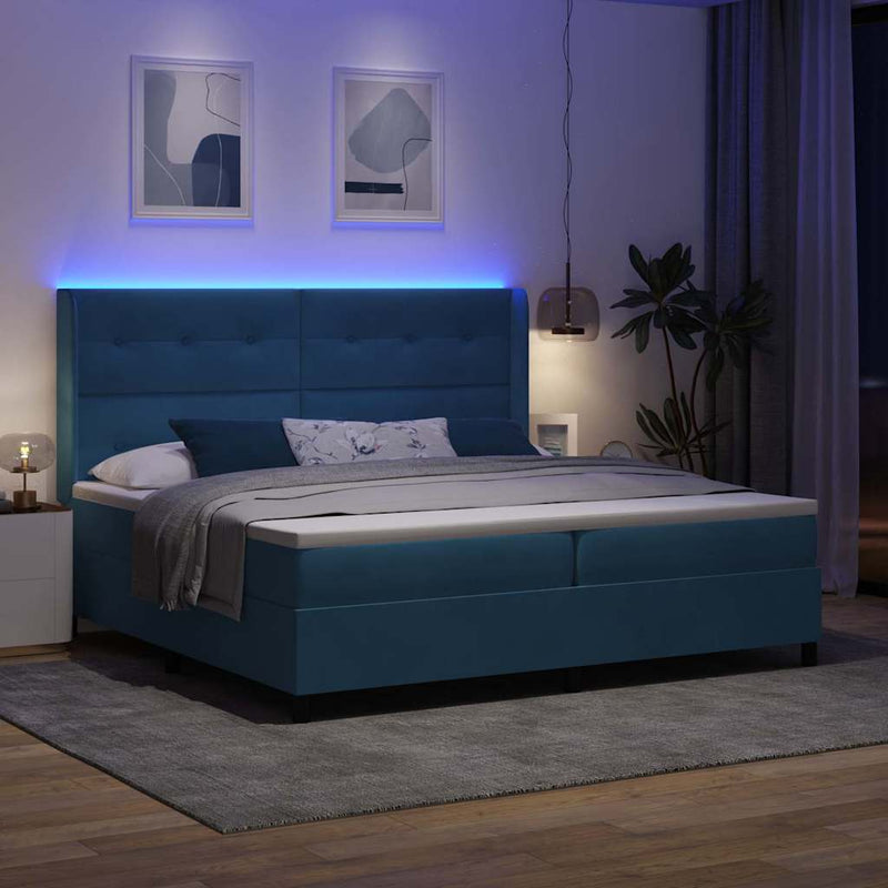 Pat cu arcuri cu benzi LED albastru 200 x 200 cm Catifea