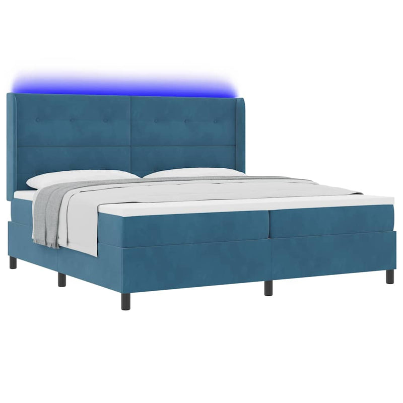 Pat cu arcuri cu benzi LED albastru 200 x 200 cm Catifea