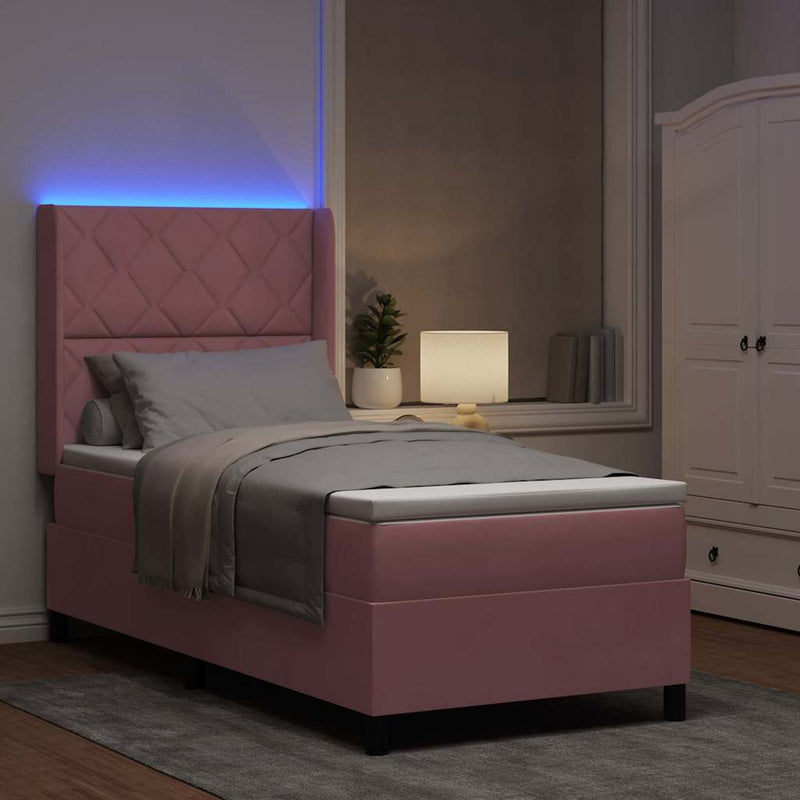 Pat cu arcuri cu benzi LED cu headboard Roz 90 x 200 cm Catifea