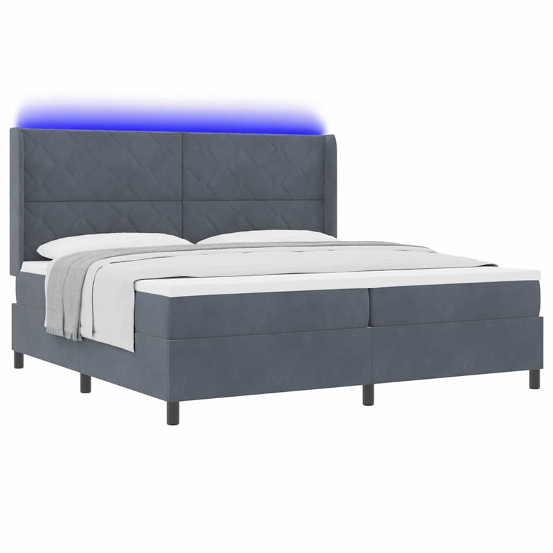 Pat cu arcuri cu benzi LED Gri închis 200 x 200 cm Catifea