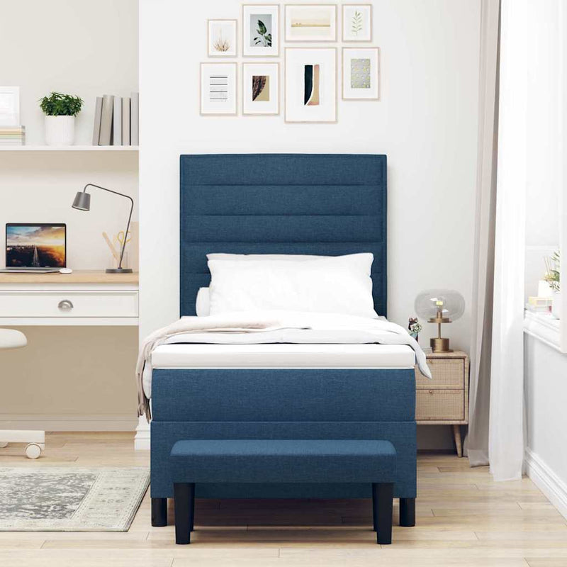 Pat cu arcuri cu headboard albastru 90 x 200 cm țesătură