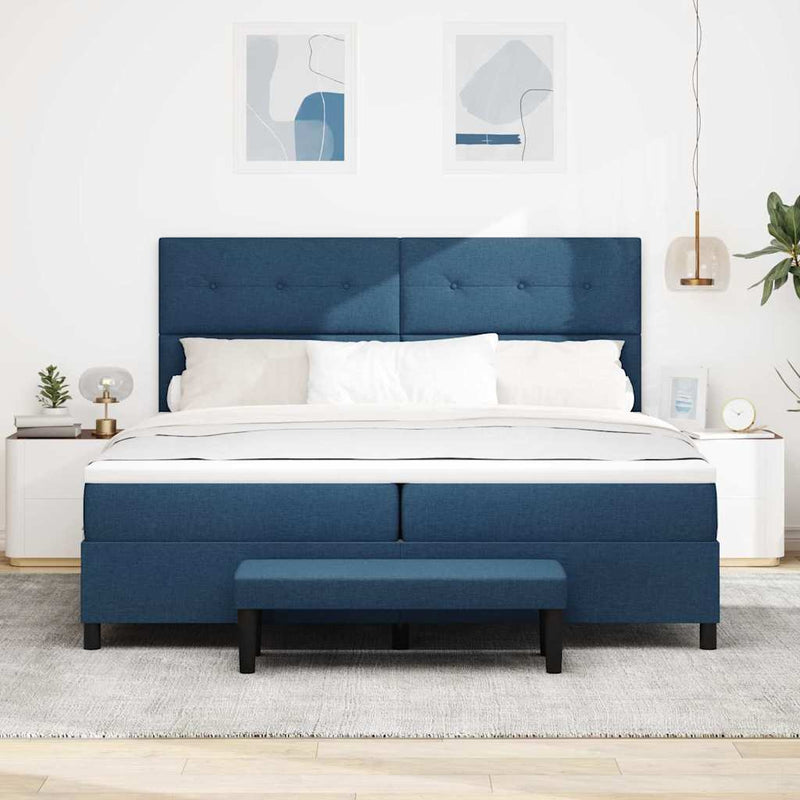 Pat cu arcuri cu headboard albastru 200 x 200 cm țesătură