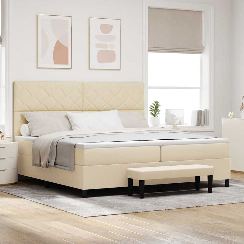Pat cu arcuri cu headboard Crem 200 x 200 cm țesătură