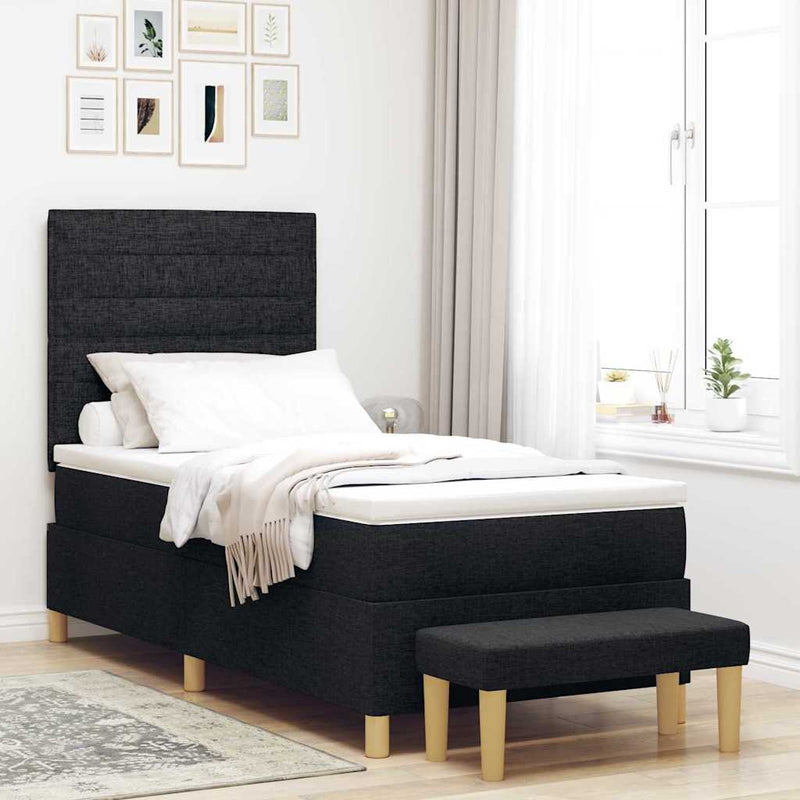 Pat cu arcuri cu headboard Negru 200 x 90 cm țesătură