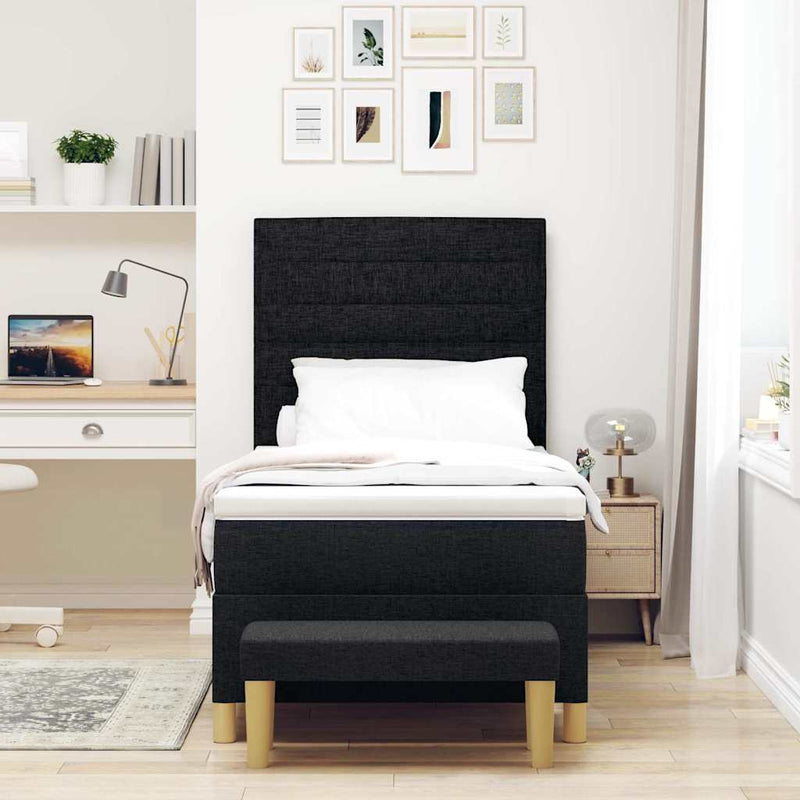 Pat cu arcuri cu headboard Negru 200 x 90 cm țesătură