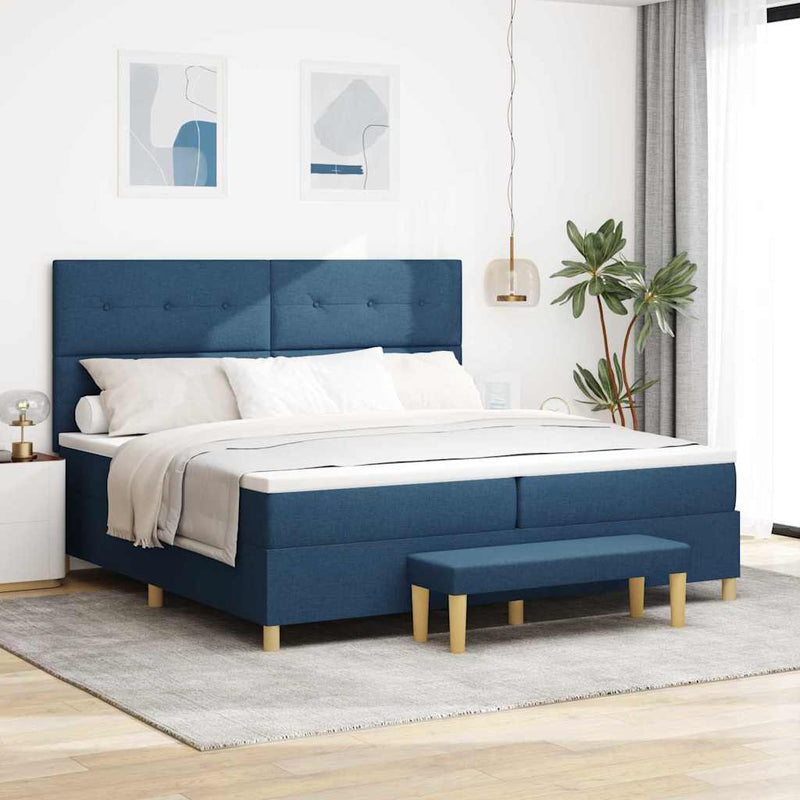 Pat cu arcuri cu headboard albastru 200 x 200 cm țesătură