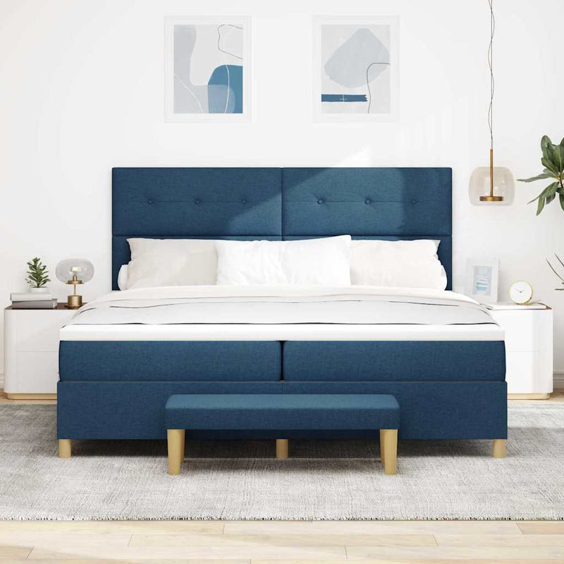 Pat cu arcuri cu headboard albastru 200 x 200 cm țesătură