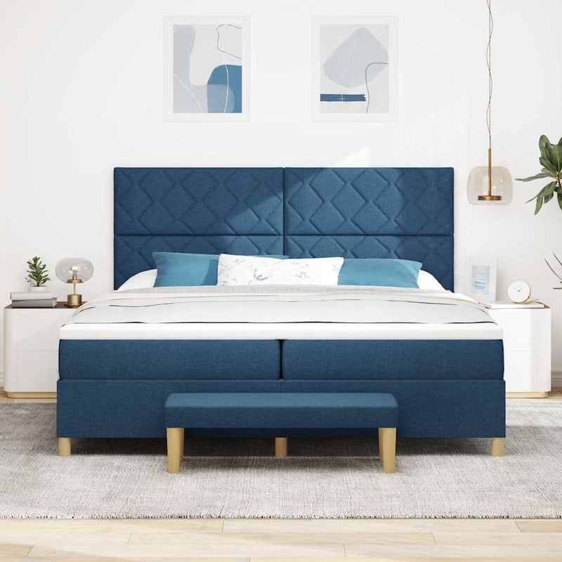 Pat cu arcuri cu headboard albastru 200 x 200 cm țesătură