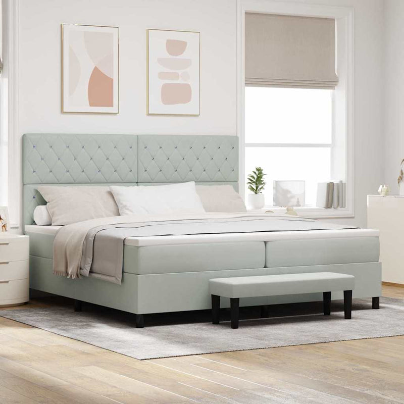 Pat cu arcuri cu headboard Gri deschis 200 x 200 cm Catifea
