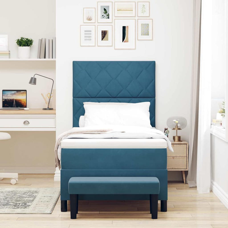 Pat cu arcuri cu headboard Albastru închis 200 x 100 cm Catifea