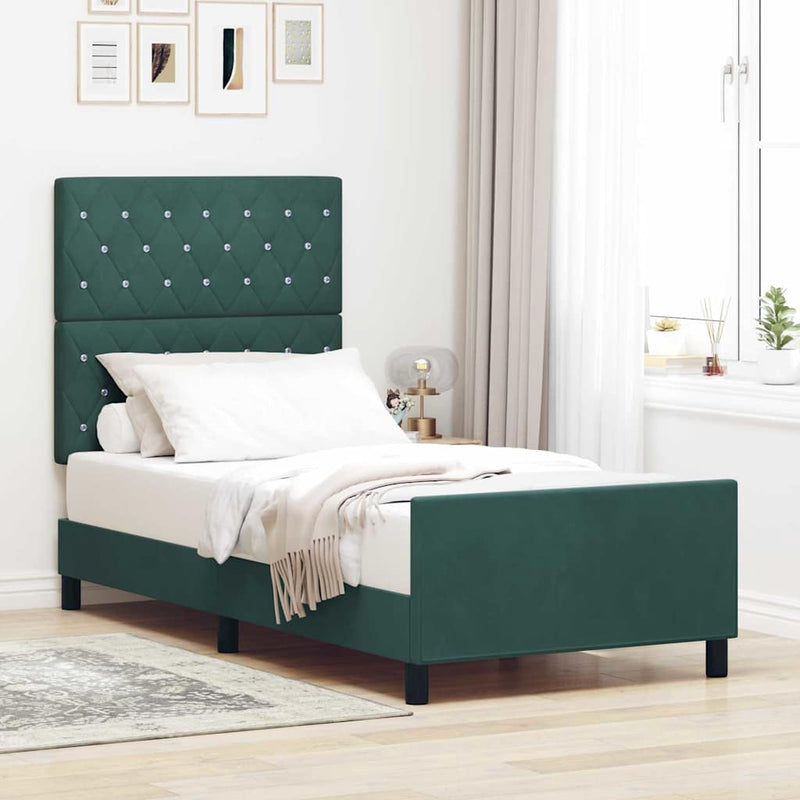 Pat cu arcuri cu headboard Verde închis 90 x 200 cm Catifea