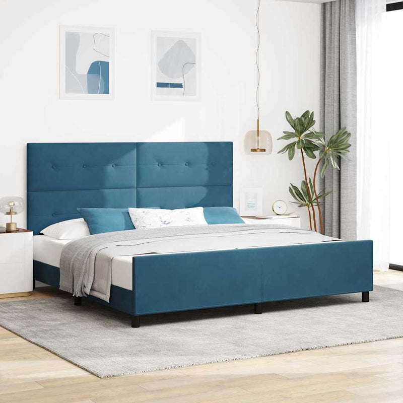 Pat cu arcuri cu headboard Albastru închis 200 x 200 cm Catifea