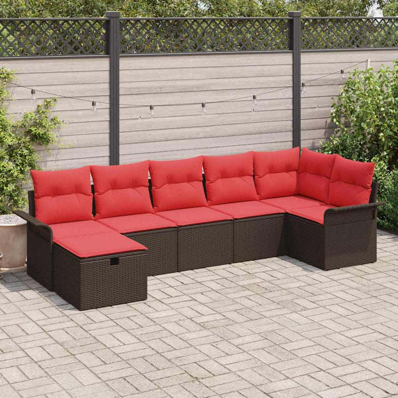 Set de canapele pentru grădină 7 buc. Maro și roșu poliratan