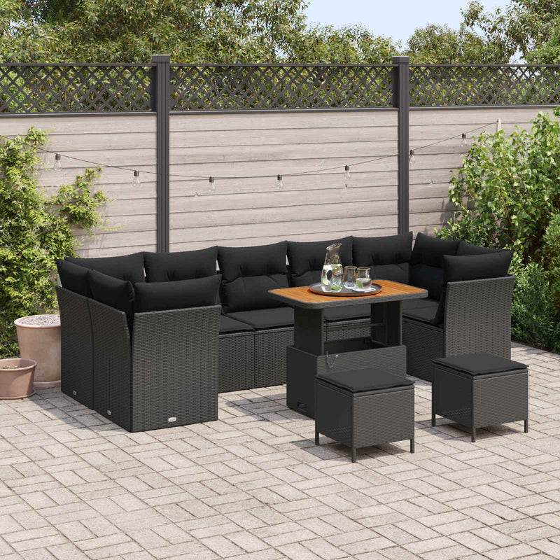 Set de canapele pentru grădină 10 pcs Negru poliratan