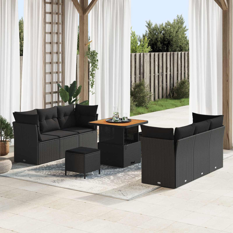 Set de canapele pentru grădină cu pernă 9 pcs Negru poliratan