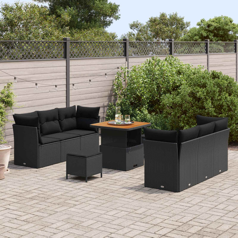 Set de canapele pentru grădină cu pernă 9 pcs Negru poliratan