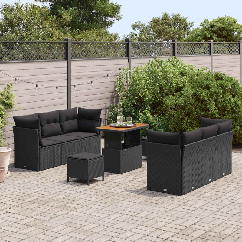 Set de canapele pentru grădină cu pernă 9 pcs Negru poliratan