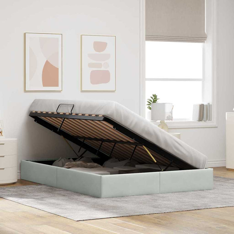 Pat cu storage cu depozitare Gri deschis 153 x 203 cm Catifea