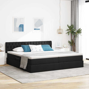 Pat cu saltea și spațiu de depozitare Negru 200 x 200 cm