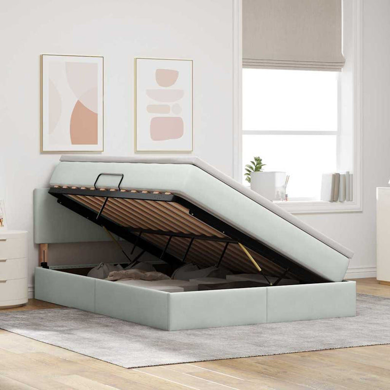 Pat cu storage cu headboard Gri deschis 140 x 200 cm Catifea