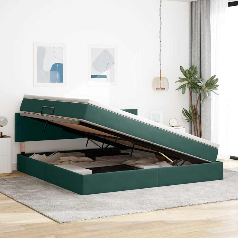 Pat cu storage cu headboard Verde închis 200 x 200 cm Catifea