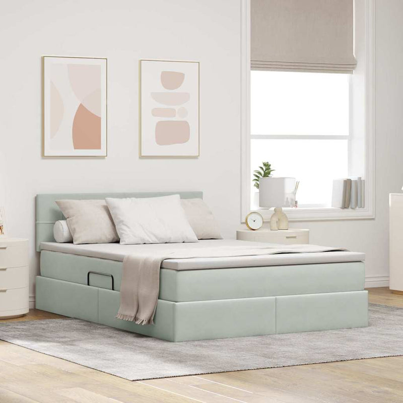 Pat cu storage cu headboard Gri deschis 140 x 190 cm Catifea