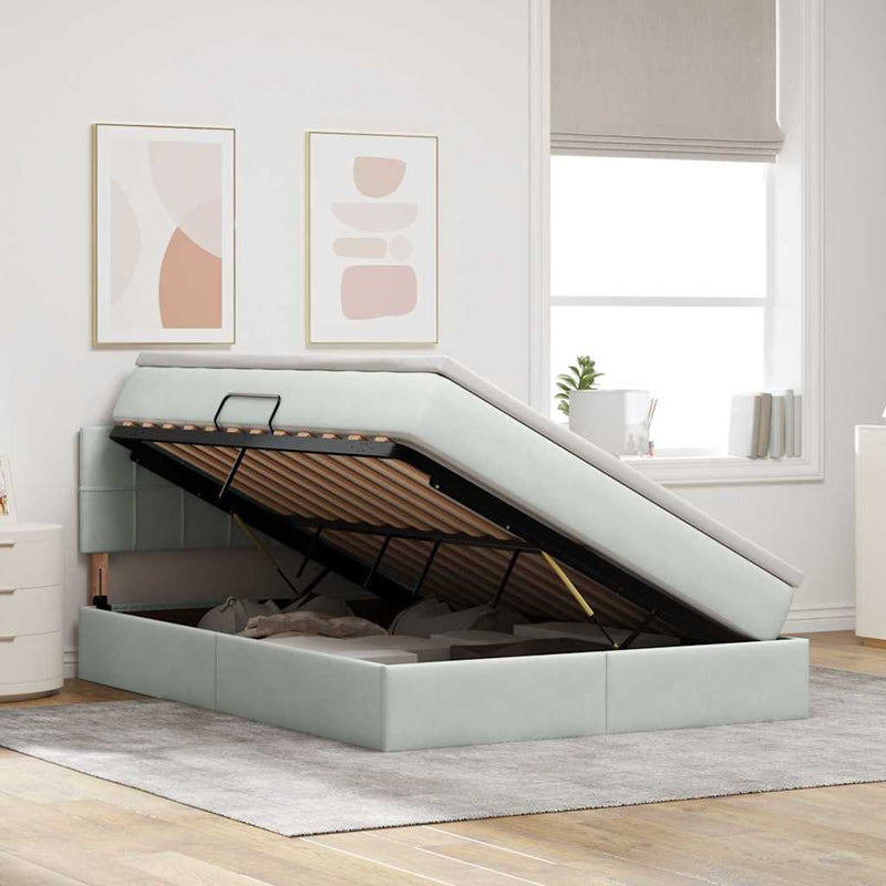 Pat cu storage cu headboard Gri deschis 140 x 190 cm Catifea
