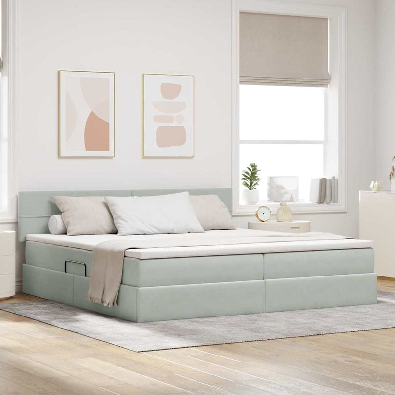 Pat cu storage cu headboard Gri deschis 200 x 200 cm Catifea