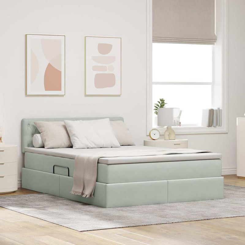 Pat cu storage cu headboard Gri deschis 140 x 190 cm Catifea