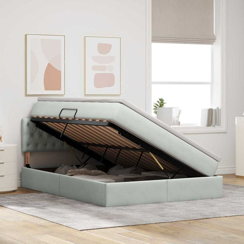 Pat cu storage cu headboard Gri deschis 140 x 190 cm Catifea