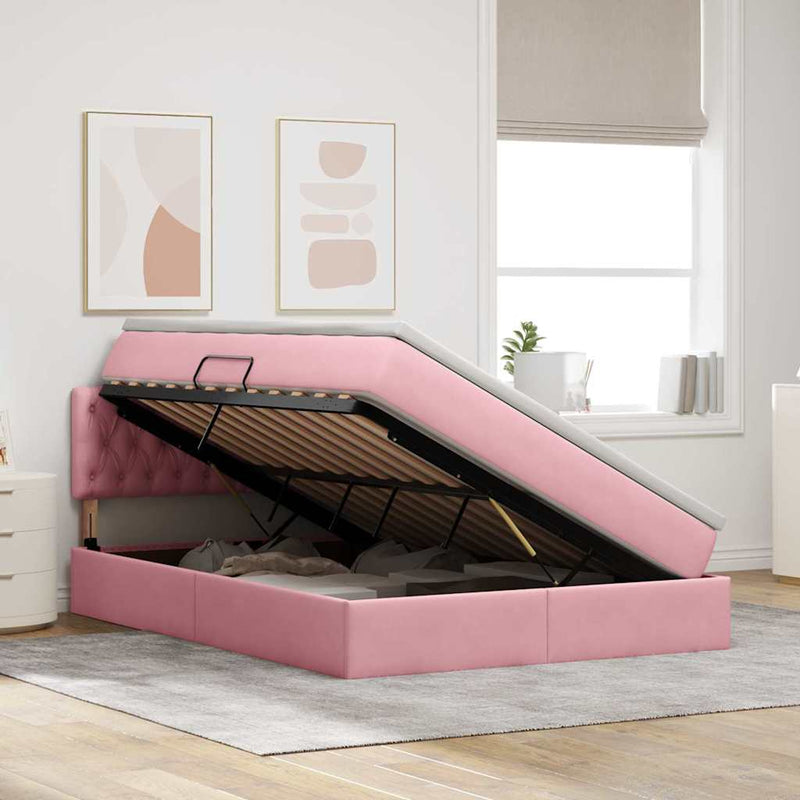 Pat cu storage cu headboard Roz 140 x 200 cm Catifea