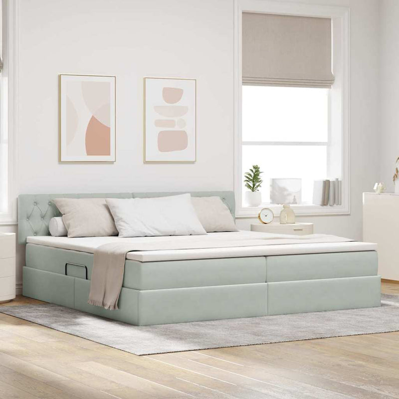 Pat cu storage cu headboard Gri deschis 200 x 200 cm Catifea