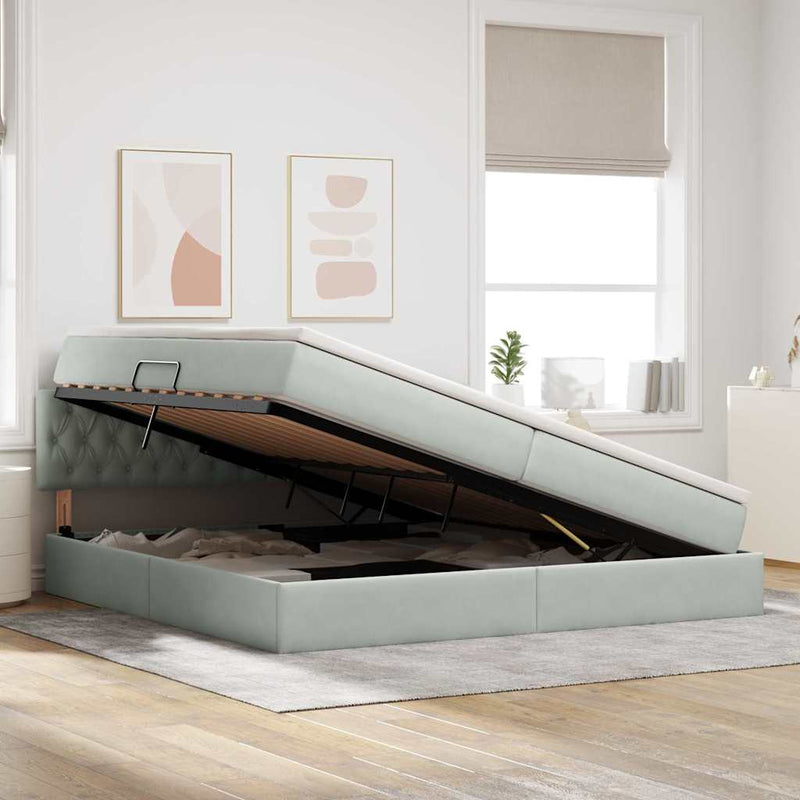 Pat cu storage cu headboard Gri deschis 200 x 200 cm Catifea