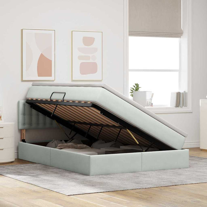 Pat cu storage cu headboard Gri deschis 140 x 190 cm Catifea
