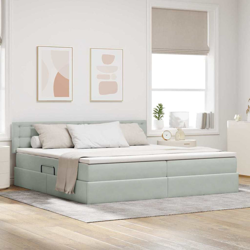 Pat cu storage cu headboard Gri deschis 200 x 200 cm Catifea