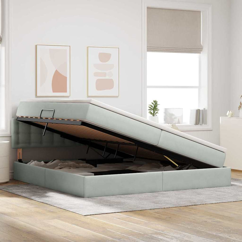 Pat cu storage cu headboard Gri deschis 200 x 200 cm Catifea
