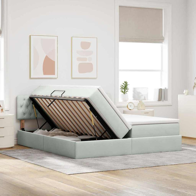 Pat cu storage cu headboard 2 buc. Gri deschis