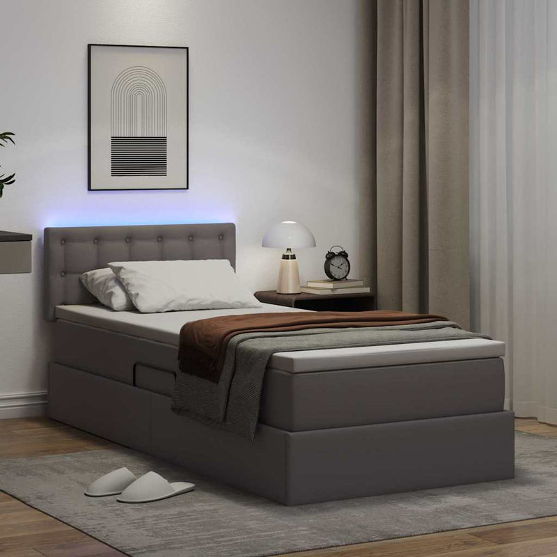 Pat cu saltea și LED Gri 90 x 200 cm Piele artificială