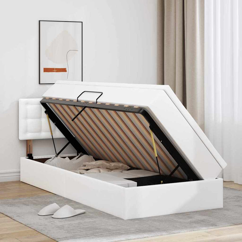 Pat cu saltea și LED Alb pur 100 x 200 cm Piele artificială