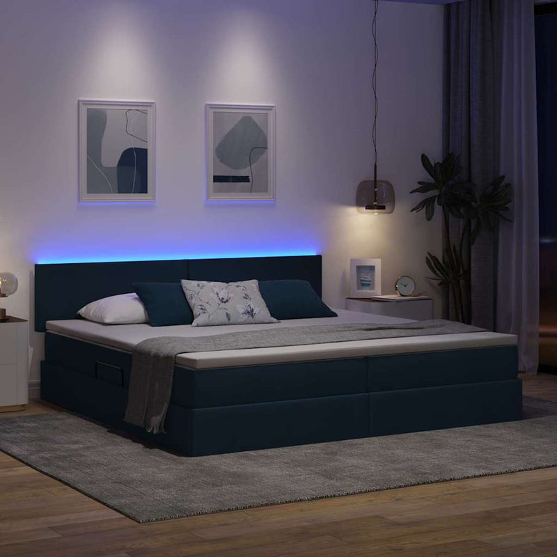 Pat cu LED și saltea albastru 200 x 200 cm Țesătură