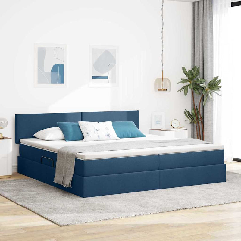 Pat cu LED și saltea albastru 200 x 200 cm Țesătură