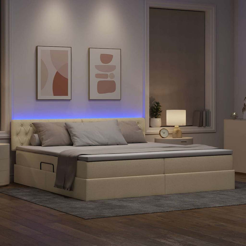 Pat cu LED și saltea Creme 200 x 200 cm Țesătură