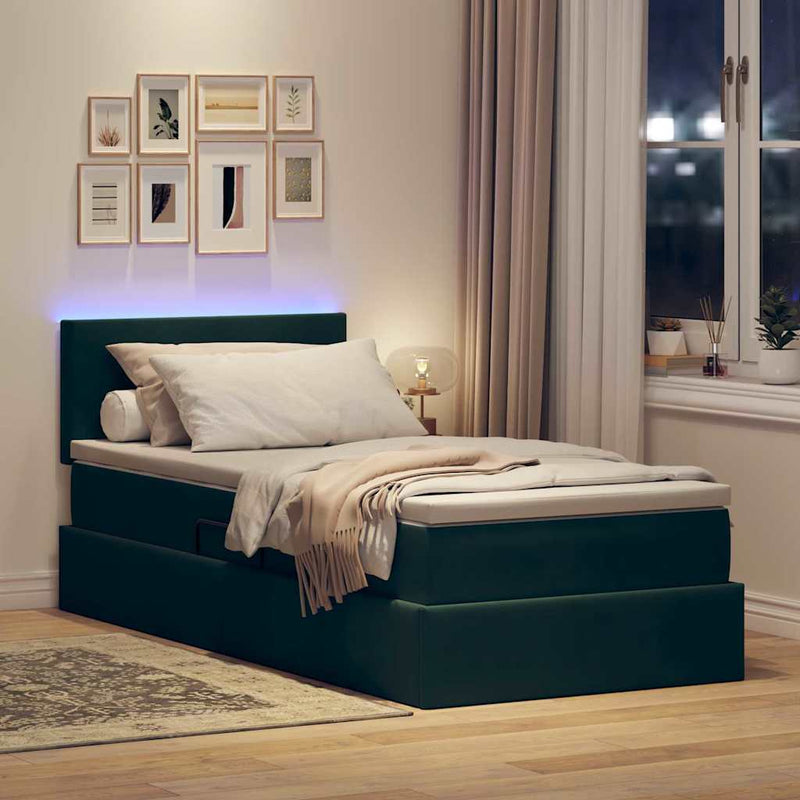 Pat cu LED și saltea Verde închis 90 x 200 cm Catifea