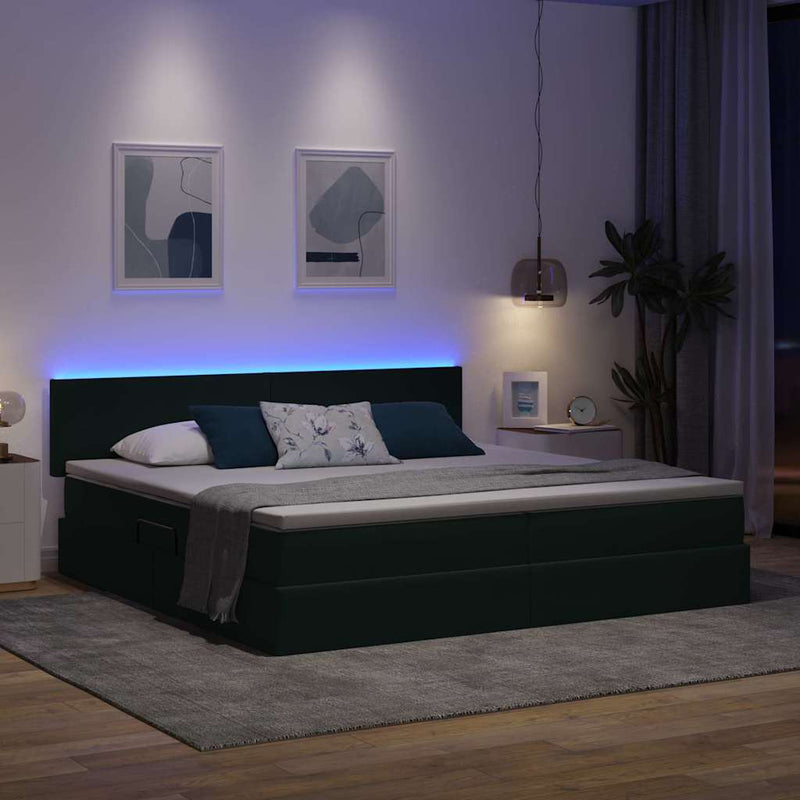 Pat cu LED și saltea Verde închis 200 x 200 cm Catifea