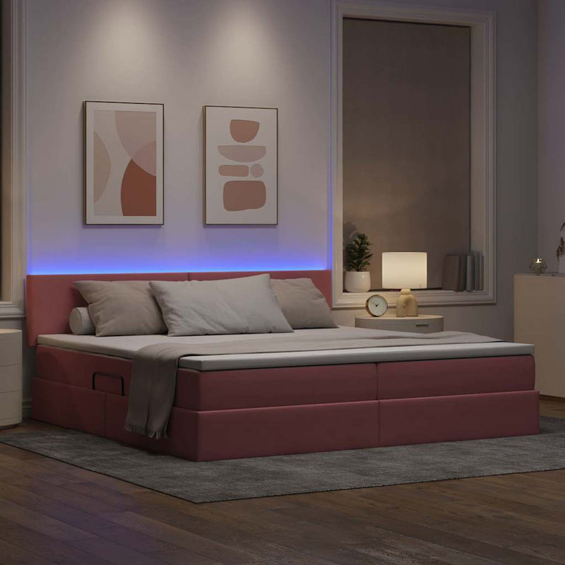 Pat cu LED și saltea Roz 200 x 200 cm Catifea